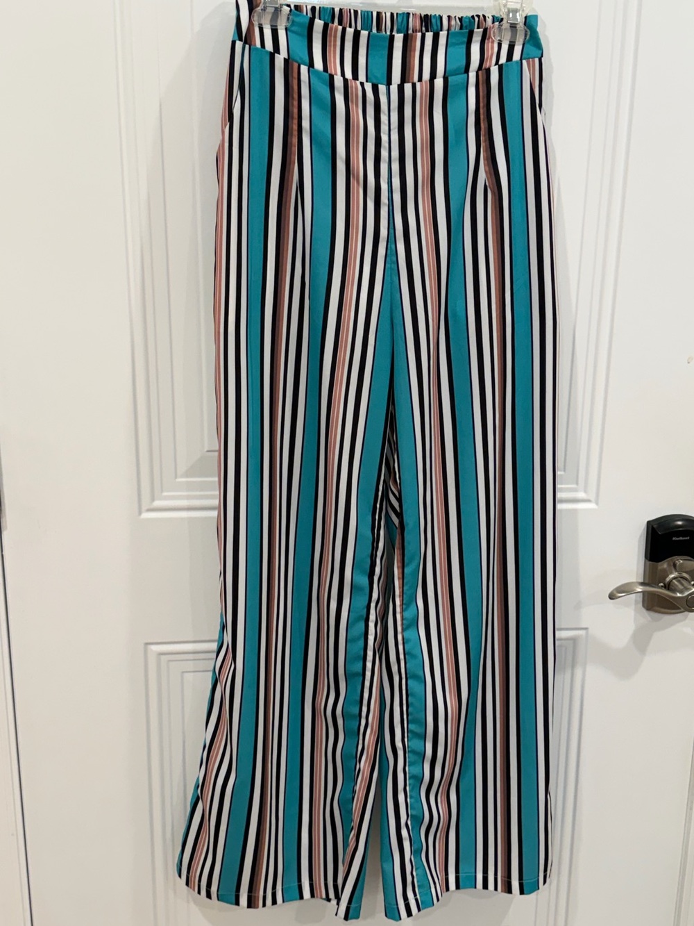 High-Rise Wide-Leg Pants in Teal Stripe